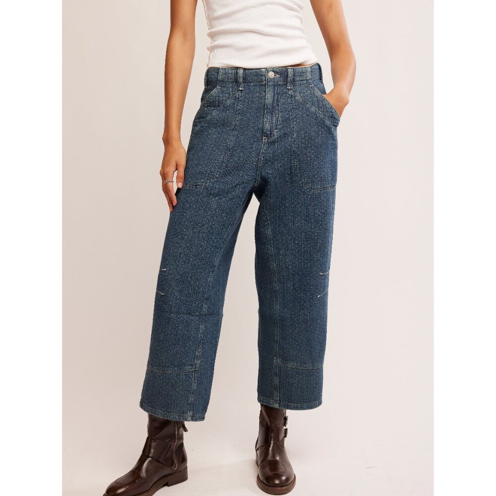 Free People Cropped Wide-Leg Denim Trousers in Blue